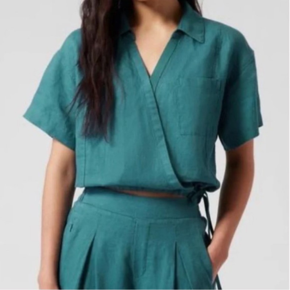 Athleta Playa Linen Teal Short Sleeve Wrap Blouse